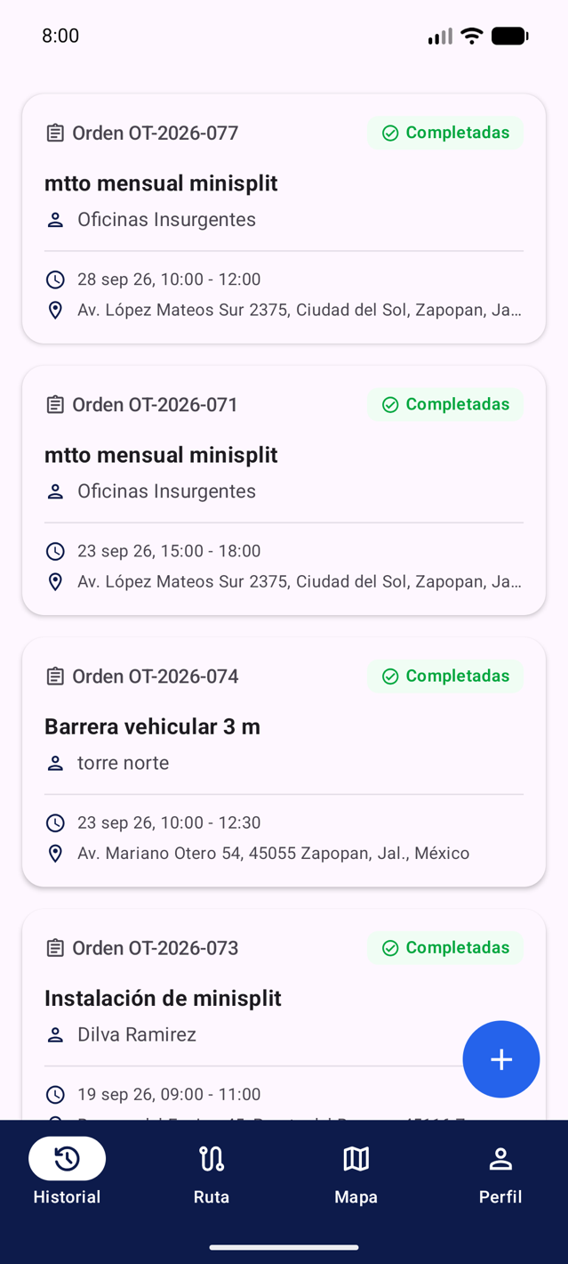 App móvil de Cuadria: historial de órdenes del técnico con cliente, fecha y dirección